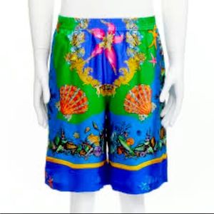 Versace Silk Shorts. Blue Seashell Print.